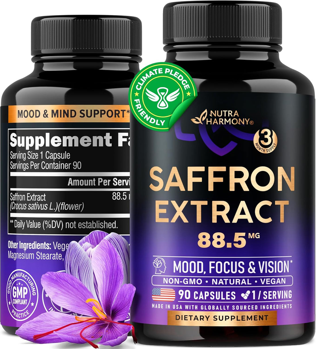 Natural Saffron Supplements - Pure Saffron Extract 88.5 Mg - Made in USA - Mood