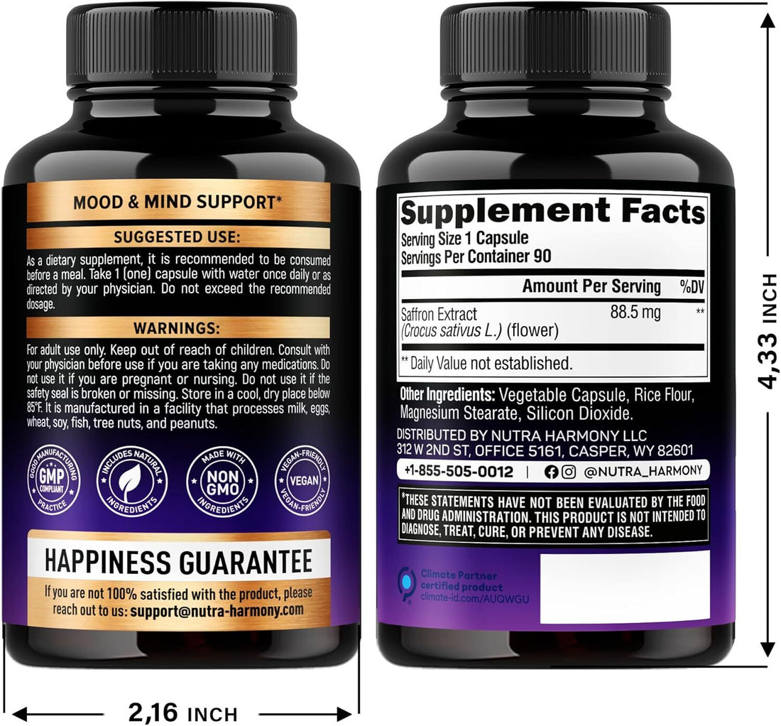 Natural Saffron Supplements - Pure Saffron Extract 88.5 Mg - Made in USA - Mood